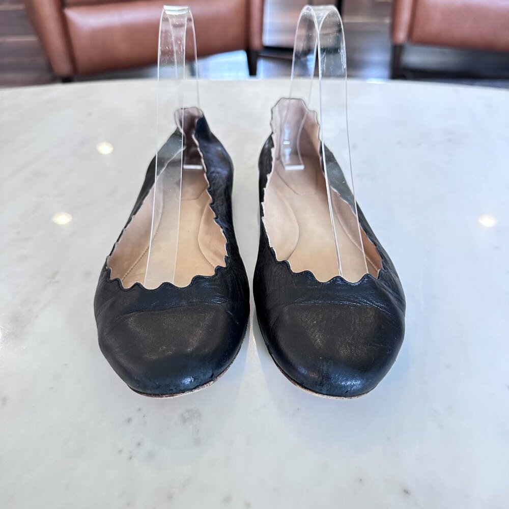 Chloe Black Leather Scalloped Trimmed Feminie Ballet Flats EU Size 37.5 US 7.5 - Picture 8 of 8